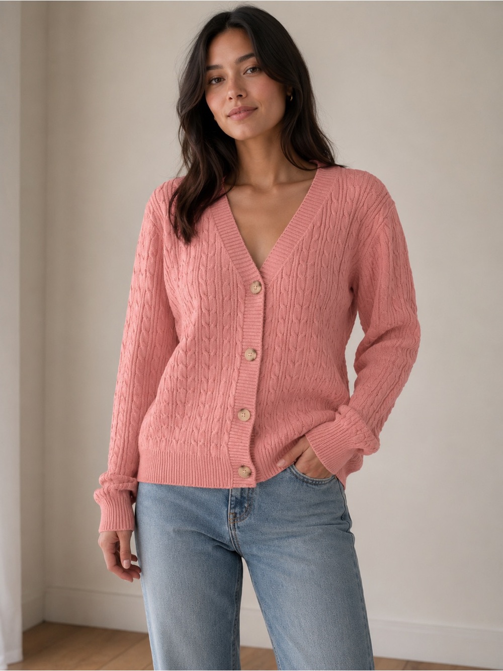 Pink Cable Knit V-Neck Cardigan Sweater